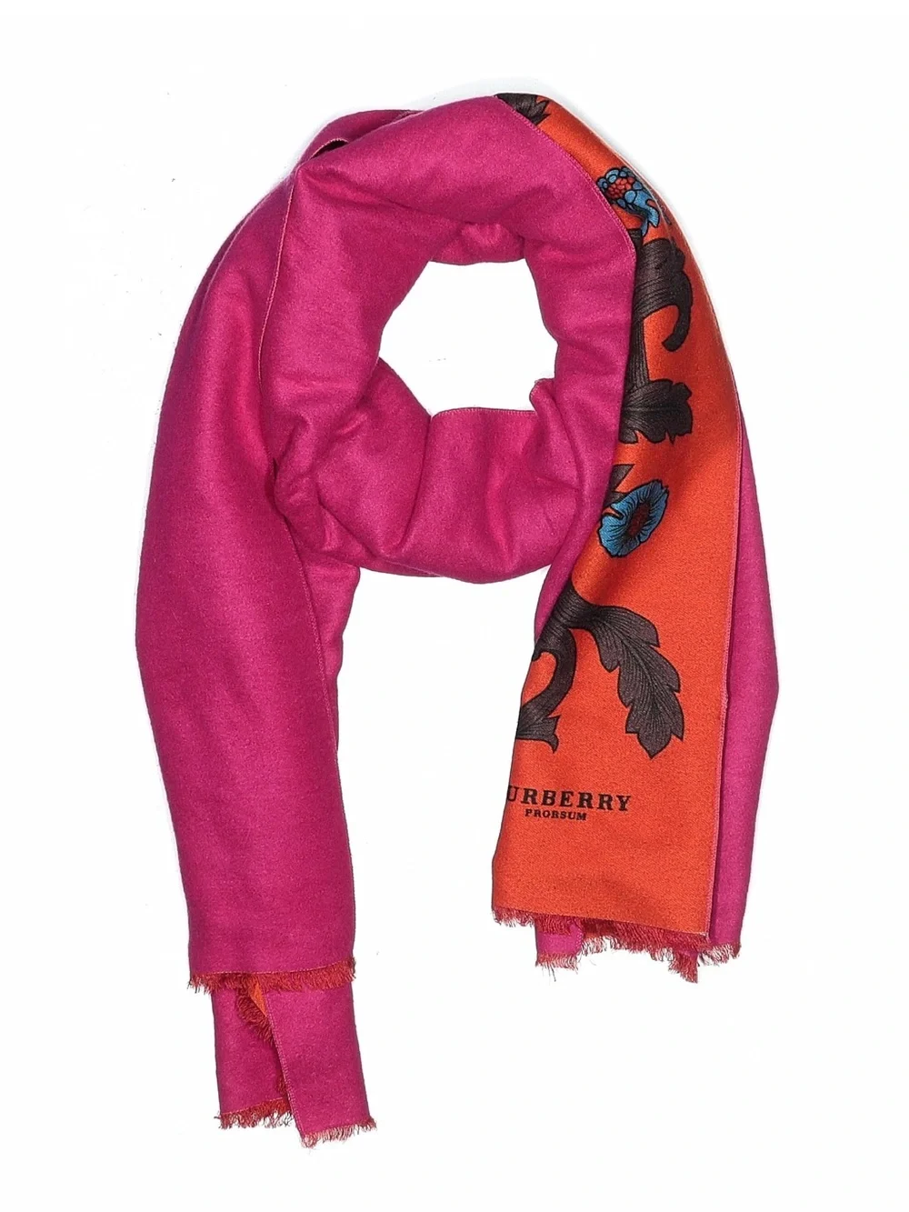 BURBERRY PRORSUM Cashmere Frayed Edge Contrasting Sides Pink Orange Scarf VGUC